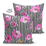 - Suet-K3805-Gorsel-1 - Realhomes Çift Taraflı Çizgili Zeminde Rengarenk Çiçekler Dijital Baskılı Modern Süet Yastık Kırlent Kılıfı Realhomes