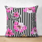 - Suet-K3805-Gorsel - Realhomes Çift Taraflı Çizgili Zeminde Rengarenk Çiçekler Dijital Baskılı Modern Süet Yastık Kırlent Kılıfı Realhomes