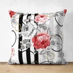 - Suet-K3809-Gorsel - Realhomes Çift Taraflı Beyaz Zeminde Kırmızı Çiçekler Dijital Baskılı Modern Süet Yastık Kırlent Kılıfı Realhomes