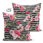 Çift Taraflı Çizgili Zeminde Rengarenk Çiçekler Dijital Baskılı Modern Süet Yastık Kırlent Kılıfı Realhomes