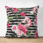 Çift Taraflı Çizgili Zeminde Rengarenk Çiçekler Dijital Baskılı Modern Süet Yastık Kırlent Kılıfı Realhomes