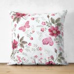 - Suet-K3824-Gorsel - Realhomes Çift Taraflı Beyaz Zeminde Pembe Çiçekler Dijital Baskılı Modern Süet Yastık Kırlent Kılıfı Realhomes