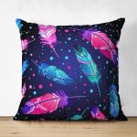 Çift Taraflı Lacivert Zeminde Renkli Tüyler Desenli Süet Yastık Kırlent Kılıfı Realhomes