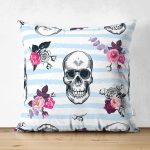 - Suet-K3834-Gorsel - Realhomes Çift Taraflı Mavi Çizgide Kurukafa Desenli Dijital Baskılı Süet Yastık Kırlent Kılıfı Realhomes