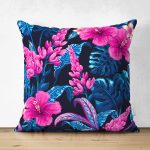 - Suet-K3859-Gorsel - Realhomes Çift Taraflı Mavi Zeminde Rengarenk Çiçekler Dijital Baskılı Modern Süet Yastık Kırlent Kılıfı Realhomes