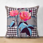 - Suet-K3862-Gorsel - Realhomes Çift Taraflı Ekose Zeminde Kırmızı Çiçekler Dijital Baskılı Modern Süet Yastık Kırlent Kılıfı Realhomes