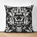 - Suet-K3885-Gorsel - Realhomes Çift Taraflı Siyah Zeminde Damask Özel Tasarım Dijital Baskılı Modern Süet Yastık Kırlent Kılıfı Realhomes