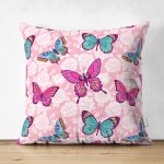 - Suet-K3886-Gorsel - Realhomes Çift Taraflı Kelebek Ve Gül Motifli Dijital Baskılı Özel Tasarım Modern Süet Yastık Kırlent Kılıfı Realhomes