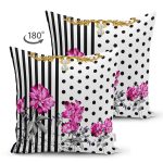 - Suet-K3902-Gorsel-1 - Realhomes Çift Taraflı Çizgili Puanlı Zeminde Çiçek Desenli Özel Tasarım Dijital Baskılı Modern Süet Yastık Kırlent Kılıfı Realhomes
