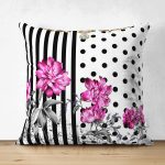 - Suet-K3902-Gorsel - Realhomes Çift Taraflı Çizgili Puanlı Zeminde Çiçek Desenli Özel Tasarım Dijital Baskılı Modern Süet Yastık Kırlent Kılıfı Realhomes