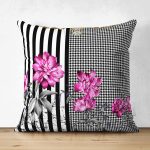 - Suet-K3903-Gorsel - Realhomes Çift Taraflı Çizgili Kaz Ayaklı Zeminde Çiçek Desenli Özel Tasarım Dijital Baskılı Modern Süet Yastık Kırlent Kılıfı Realhomes