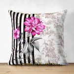 - Suet-K3904-Gorsel - Realhomes Çift Taraflı Çizgili Zeminde Çiçek Desenli Özel Tasarım Dijital Baskılı Modern Süet Yastık Kırlent Kılıfı Realhomes