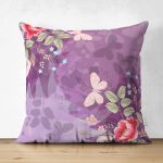 - Suet-K3925-Gorsel - Realhomes Çift Taraflı Mor Zeminde Kelebek Desenli Dijital Baskılı Modern Süet Yastık Kırlent Kılıfı Realhomes