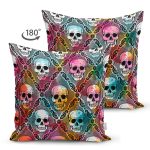 - Suet-K3929-Gorsel-1 - Realhomes Çift Taraflı Renkli Zeminde Kurukafa Motifli Dijital Baskılı Modern Süet Yastık Kırlent Kılıfı Realhomes