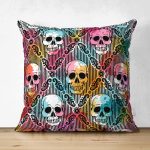 - Suet-K3929-Gorsel - Realhomes Çift Taraflı Renkli Zeminde Kurukafa Motifli Dijital Baskılı Modern Süet Yastık Kırlent Kılıfı Realhomes