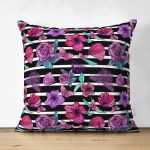 - Suet-K3944-Gorsel - Realhomes Çift Taraflı Çizgili Zeminde Rengarenk Çiçekler Dijital Baskılı Modern Süet Yastık Kırlent Kılıfı Realhomes