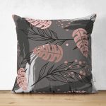 - Suet-K3947-Gorsel - Realhomes Çift Taraflı Koyu Renk Zeminde Soyut Yaprak Desenli Özel Tasarım Dijital Baskılı Modern Süet Yastık Kırlent Kılıfı Realhomes