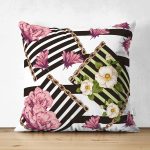 - Suet-K3966-Gorsel - Realhomes Çift Taraflı Çizgili Zeminde Çiçek Desenli Özel Tasarım Dijital Baskılı Modern Süet Yastık Kırlent Kılıfı Realhomes