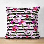 - Suet-K3976-Gorsel - Realhomes Çift Taraflı Çizgili Zeminde Çiçekler Özel Tasarım Dijital Baskılı Modern Süet Yastık Kırlent Kılıfı Realhomes