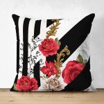 - Suet-K3994-Gorsel - Realhomes Çift Taraflı Siyah Beyaz Zeminde Çiçek Desenli Özel Tasarım Dijital Baskılı Modern Süet Yastık Kırlent Kılıfı Realhomes