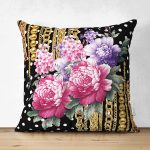 - Suet-K3996-Gorsel - Realhomes Çift Taraflı Puanlı Zeminde Altın Zincir Ve Çiçekler Özel Tasarım Dijital Baskılı Modern Süet Yastık Kırlent Kılıfı Realhomes