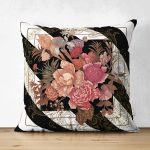 - Suet-K4009-Gorsel - Realhomes Çift Taraflı Siyah Beyaz Zeminde Çiçekler Özel Tasarım Dijital Baskılı Modern Süet Yastık Kırlent Kılıfı Realhomes
