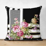 Çift Taraflı Geometrik Zeminli Çiçek Ve Zincir Motifli Özel Tasarım Dijital Baskılı Modern Süet Yastık Kırlent Kılıfı Realhomes