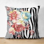 - Suet-K4027-Gorsel - Realhomes Çift Taraflı Zebra Zeminde Çiçek Motifli Özel Tasarım Dijital Baskılı Modern Süet Yastık Kırlent Kılıfı Realhomes