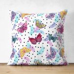 Çift Taraflı Kelebek Ve Tüy Motifli Dijital Baskılı Özel Tasarım Modern Süet Yastık Kırlent Kılıfı Realhomes