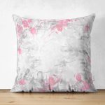 - Suet-K4047-Gorsel - Realhomes Çift Taraflı Gri Pembe Yaprak Motifli Özel Tasarım Dijital Baskılı Modern Süet Yastık Kırlent Kılıfı Realhomes