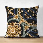 - Suet-K4048-Gorsel - Realhomes Çift Taraflı Siyah Zeminde Altın Motifli Ve Özel Tasarım Dijital Baskılı Modern Süet Yastık Kırlent Kılıfı Realhomes