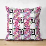 - Suet-K4067-Gorsel - Realhomes Çift Taraflı Geometrik Zeminde Çiçek Desenli Özel Tasarım Dijital Baskılı Modern Süet Yastık Kırlent Kılıfı Realhomes