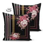 - Suet-K4075-Gorsel-1 - Realhomes Çift Taraflı Siyah Zeminde Çiçek Ve Altın Motifli Özel Tasarım Dijital Baskılı Modern Süet Yastık Kırlent Kılıfı Realhomes