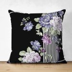 - Suet-K4120-Gorsel - Realhomes Çift Taraflı Çizgili Zeminde Çiçek Desenli Özel Tasarım Dijital Baskılı Modern Süet Yastık Kırlent Kılıfı Realhomes