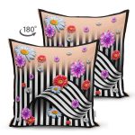 Çift Taraflı Geometrik Zeminde Çiçek Motifli Özel Tasarım Dijital Baskılı Modern Süet Yastık Kırlent Kılıfı Realhomes
