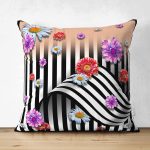 Çift Taraflı Geometrik Zeminde Çiçek Motifli Özel Tasarım Dijital Baskılı Modern Süet Yastık Kırlent Kılıfı Realhomes