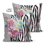 Çift Taraflı Siyah Beyaz Zebra Zeminde Çiçek Desenli Özel Tasarım Dijital Baskılı Modern Süet Yastık Kırlent Kılıfı Realhomes