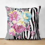 Çift Taraflı Siyah Beyaz Zebra Zeminde Çiçek Desenli Özel Tasarım Dijital Baskılı Modern Süet Yastık Kırlent Kılıfı Realhomes