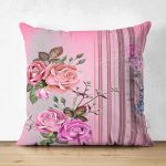 Çift Taraflı Ekose Zeminde Gül Temalı Süet Yastık Kırlent Kılıfı Realhomes