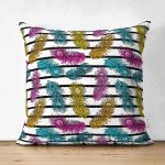 - Suet-K4217-Gorsel - Realhomes Çift Taraflı Çizgili Zeminde Tüy Desenli Dijital Baskılı Özel Tasarım Modern Süet Yastık Kırlent Kılıfı Realhomes