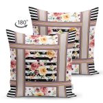 Çift Taraflı Çizgili Zeminde Çiçek Motifli Özel Tasarım Dijital Baskılı Modern Süet Yastık Kırlent Kılıfı Realhomes