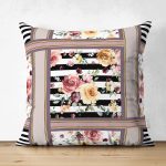 Çift Taraflı Çizgili Zeminde Çiçek Motifli Özel Tasarım Dijital Baskılı Modern Süet Yastık Kırlent Kılıfı Realhomes