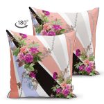 Çift Taraflı Modern Güller ve Geometrik Çizgiler Motifli Özel Tasarım Süet Yastık Kırlent Kılıfı Realhomes