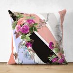 Çift Taraflı Modern Güller ve Geometrik Çizgiler Motifli Özel Tasarım Süet Yastık Kırlent Kılıfı Realhomes