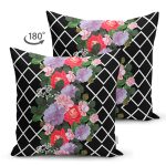 Çift Taraflı Siyah Zeminde Geometrik Örgü Üzerinde Gül Tasarımlı Süet Yastık Kırlent Kılıfı Realhomes