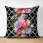 Çift Taraflı Siyah Zeminde Geometrik Örgü Üzerinde Gül Tasarımlı Süet Yastık Kırlent Kılıfı Realhomes