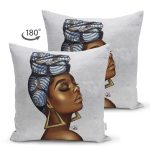 Realhomes Çift Taraflı Gri Zeminde Etnik Afrikan Woman Tasarımlı Süet Yastık Kırlent Kılıfı Realhomes