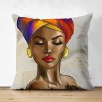 - Suet-K6745-Gorsel - Realhomes Çift Taraflı Afrika Kadın İllüstrasyon Motifli Dijital Baskılı Dekoratif Süet Yastık Kırlent Kılıfı Realhomes