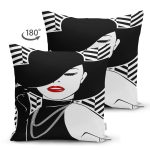 Çift Taraflı Şapkalı Kadın İllüstrasyon Desenli Modern Dijital Baskılı Süet Kırlent Kılıfı Realhomes