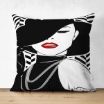 Çift Taraflı Şapkalı Kadın İllüstrasyon Desenli Modern Dijital Baskılı Süet Kırlent Kılıfı Realhomes